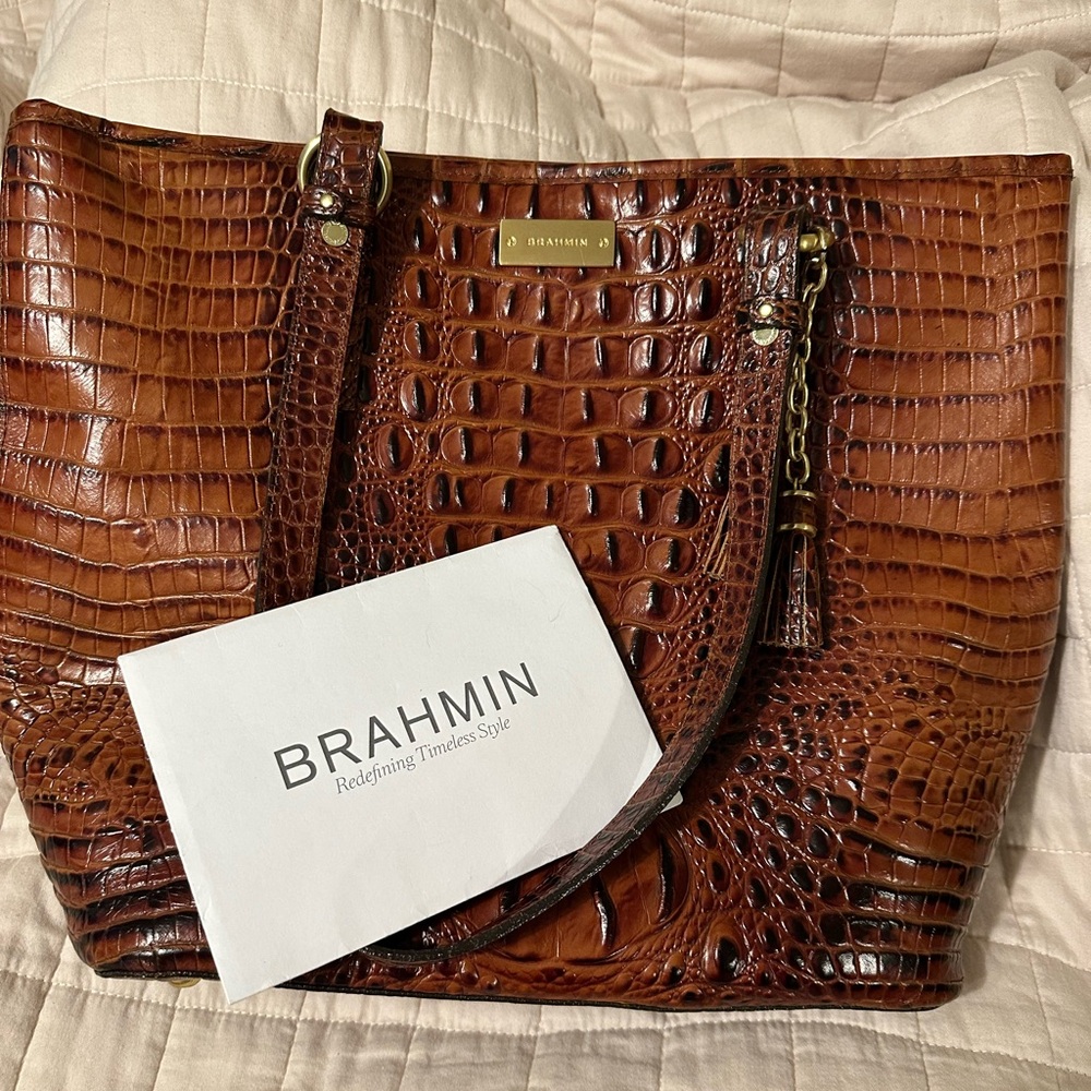 Brahmin Tan Crocodile Embossed Tote